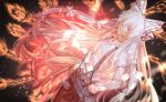  1girl albino black_background blurry bow burning_hand closed_mouth collared_shirt depth_of_field dress_shirt feathers fire fujiwara_no_mokou hair_bow hand_in_pocket light_frown long_hair long_sleeves looking_at_viewer multi-tied_hair ofuda pants red_eyes red_pants rff_(3_percent) shirt silver_hair solo suspenders touhou very_long_hair white_bow white_hair white_shirt 