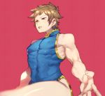  1boy 3m_0l brown_hair china_dress chinese_clothes cowboy_shot crossdressinging gran_(granblue_fantasy) granblue_fantasy grey_eyes looking_down male_focus muscle parted_lips red_background simple_background skin_tight solo spiky_hair thighs 