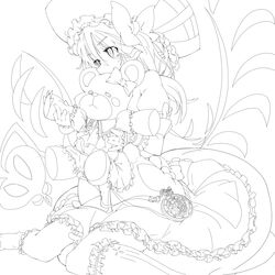  1girl absurdres adapted_costume bow cosplay dress flandre_scarlet hat highres laevatein lineart monochrome pocket_watch remilia_scarlet remilia_scarlet_(cosplay) simple_background sitting solo stuffed_animal stuffed_toy tears teddy_bear touhou tsukajin wariza watch wings 