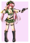  1girl belt breasts brown_eyes cleavage cross cross_necklace garter_straps green_skirt gun hair_ribbon hat holding_gun holding_weapon iname long_hair military navel original pink_hair pleated_skirt ribbon shirt skirt solo tied_shirt tongue tongue_out twintails weapon yellow_ribbon 