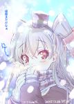  1girl amatsukaze_(kantai_collection) blush breath brown_eyes check_translation checkered_scarf close-up commentary dated face gloves hair_tubes highres kantai_collection long_hair long_sleeves looking_at_viewer scarf silver_hair single_glove snowing solo steam translation_request two_side_up ugeppa white_gloves windsock 