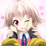  1girl atra_mixta bangs blue_ribbon blush brown_hair cheek_squash close-up gundam gundam_tekketsu_no_orphans hands_on_another&#039;s_cheeks hands_on_another&#039;s_face heart highres long_sleeves one_eye_closed open_mouth pink_background red_eyes ribbon short_hair simple_background smile watarui 