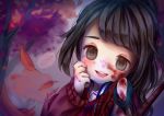  1girl autumn autumn_leaves black_eyes black_hair blazer blood blood_on_face blush dated dot_nose falling_leaves hand_on_own_face left-handed looking_at_viewer open_mouth school_uniform scissors sdoodlio serafuku signature solo yandere-chan yandere_simulator 
