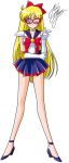  1girl aino_minako bishoujo_senshi_sailor_moon blonde_hair blue_eyes blue_shoes blue_skirt bow choker crescent elbow_gloves facial_mark forehead_mark full_body gloves hair_bow highres long_hair magical_girl marco_albiero mask one_eye_closed pleated_skirt pointing red_bow sailor_collar sailor_v shoes shoulder_pads signature skirt solo standing white_background white_gloves 