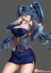  1girl aqua_eyes blue_dress blue_hair breasts cleavage clipboard cowboy_shot dress glasses kaori_hero large_breasts league_of_legends long_hair long_sleeves looking_at_viewer office_lady red-framed_glasses short_dress solo sona_buvelle thighs twintails very_long_hair 