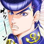  1boy angry clenched_teeth crosshatching earrings emphasis_lines face higashikata_jousuke jewelry jojo_no_kimyou_na_bouken male_focus pompadour portrait purple_hair rana_ginsaki solo violet_eyes 