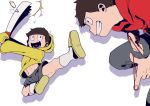  2boys baseball baseball_bat brothers brown_hair fang hood hoodie male_focus matsuno_juushimatsu matsuno_osomatsu multiple_boys osomatsu-kun osomatsu-san rubber_band shadow shorts siblings simple_background sleeves_past_wrists slippers socks takeo_(nametake) white_background 