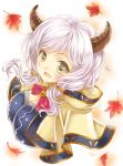  1girl 2016 :d autumn_leaves bangs blush breasts cleavage dated doraf granblue_fantasy green_eyes horns kumuyu large_breasts long_hair looking_at_viewer low_twintails open_mouth smile solo twintails upper_body white_hair yano_takumi 