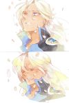  1boy bishoujo_senshi_sailor_moon clenched_teeth closed_eyes dark_skin ear_studs earrings face jewelry kunzite_(sailor_moon) looking_up lycoriscoris0813_(12) male_focus petals platinum_blonde popped_collar solo translation_request white_hair 