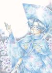  1boy banri_(kokonoeb) black_hair capelet cardcaptor_sakura cherry_blossoms flower glasses hat hiiragizawa_eriol lavender_eyes magician short_hair staff traditional_media watercolor_(medium) wide_sleeves 