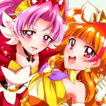  2girls :d absurdres akagi_towa amanogawa_kirara belt blush brooch brown_hair choker cure_scarlet cure_twinkle earrings go!_princess_precure highres jewelry long_hair looking_at_viewer magical_girl multicolored_hair multiple_girls open_mouth pink_hair pointy_ears precure red_eyes redhead sharumon smile sparkle star star_earrings streaked_hair two-tone_hair upper_body white_background 