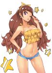  1girl amanogawa_kirara brown_hair earrings go!_princess_precure hand_on_hip highres jewelry long_hair looking_at_viewer midriff nac000 navel one_eye_closed precure shorts solo star twintails violet_eyes 