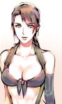  1girl bikini black_bikini black_gloves breasts brown_background brown_hair cleavage collarbone front-tie_bikini front-tie_top gloves gradient gradient_background green_eyes looking_at_viewer metal_gear_(series) metal_gear_solid metal_gear_solid_v open_mouth ponytail quiet_(metal_gear) single_elbow_glove solo suspenders swimsuit upper_body white_background yurizuka_(sergeant_heart) 