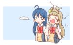  ... 2girls ahoge animal animal_on_head bag bird bowtie commentary love_live!_school_idol_project minami_kotori multiple_girls musical_note open_mouth school_bag school_uniform shirt short_sleeves sonoda_umi speech_bubble spoken_ellipsis sweater_vest upper_body veebu white_shirt yawning 