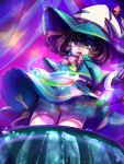  1girl bloomers bow brown_hair cauldron child clenched_hand dress fork hat highres jacket knife liquid multicolored_eyes open_mouth original sdoodlio signature solo spoon star tassel thigh-highs thighs underwear watermark witch witch_hat 