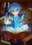  1boy blue_eyes blue_hair book bowtie caster_(fate/extra_ccc) crystal fate/grand_order fate_(series) glasses quill short_hair solo vest zhanzheng_zi 
