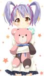  1girl brown_eyes kumamakura_kurumi maccha musaigen_no_phantom_world purple_hair short_hair smile solo stuffed_animal stuffed_toy teddy_bear twintails 