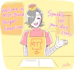  1boy =d ^_^ apron artist_name black_hair burgerpants burgerpants_(cosplay) closed_eyes english fangs gloves hat hato_moa mettaton mettaton-ex restaurant undertale 