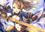  1girl beatrix_(granblue_fantasy) breasts brown_eyes brown_hair cleavage gauntlets granblue_fantasy highres holding_weapon large_breasts long_hair looking_at_viewer navel otogi_kyouka solo sword weapon 