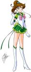  1girl bishoujo_senshi_sailor_moon boots bow brooch brown_hair choker earrings elbow_gloves gloves green_bow green_eyes green_skirt hair_bobbles hair_ornament jewelry kino_makoto knee_boots looking_at_viewer magical_girl marco_albiero one_eye_closed pink_bow pleated_skirt ponytail sailor_collar sailor_jupiter short_hair signature skirt smile solo standing super_sailor_jupiter_(stars) tiara white_background white_boots white_gloves 