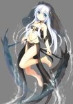  1girl barefoot blue_eyes dual_wielding highres long_hair navel scythe setona_(daice) simple_background solo white_hair 