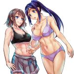  2girls bare_shoulders blue_eyes blue_hair blush bra brown_hair grin hand_on_another&#039;s_shoulder long_hair looking_at_another love_live!_school_idol_project love_live!_sunshine!! matsuura_kanan midriff misogi multiple_girls navel open_mouth panties ponytail short_hair skirt smile sports_bra underwear undressing watanabe_you 