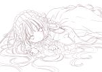  1girl absurdres amano_sakuya dress frills gosick gothic_lolita hairband highres lineart lolita_fashion long_hair looking_at_viewer lying lying_on_water monochrome on_stomach ribbon solo very_long_hair victorica_de_blois 