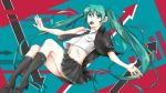  1girl black_necktie black_skirt breasts eoty_nenmatsu green_eyes green_hair hatsune_miku highres long_hari navel open_mouth pleated_skirt skirt solo vocaloid 