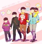  6+boys baby backpack bag beanie blanket blue_eyes book_bag brothers brown_hair carrying cat child closed_eyes f6 formal gakuran green_eyes hat heart heart_in_mouth highres holding holding_hands looking_at_another mat matsuno_choromatsu matsuno_ichimatsu matsuno_juushimatsu matsuno_karamatsu matsuno_osomatsu matsuno_todomatsu multiple_boys musical_note nyaph on_shoulder osomatsu-kun osomatsu-san pants red_eyes school_uniform siblings sleeping smile suit thinking thumbs_up track_pants triangle_mouth violet_eyes younger 