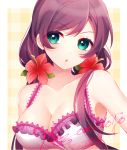  1girl bikini breasts flower green_eyes hair_flower hair_ornament ichinose_yukino long_hair love_live!_school_idol_project low_twintails purple_hair solo swimsuit toujou_nozomi twintails 