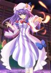  1girl book bookshelf coat crescent cross_(crossryou) dress hair_ribbon hat library long_hair long_sleeves looking_at_viewer magic_circle mob_cap open_clothes open_coat open_mouth patchouli_knowledge purple_dress purple_hair ribbon solo striped striped_dress touhou tress_ribbon very_long_hair violet_eyes 