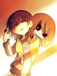  androgynous black_sclera brown_hair chara_(undertale) cowboy_shot dark_persona evil_smile expressionless frisk_(undertale) half-closed_eyes holding_knife holding_weapon hug hug_from_behind knife looking_at_viewer om_(bmsm) parted_lips red_eyes reverse_grip shirt shorts smile spoilers striped striped_shirt undertale upper_body 