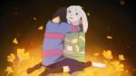  1boy androgynous asriel_dreemurr black_eyes boots bossmonsterbani brown_hair comforting crying crying_with_eyes_open denim denim_shorts fang field flower flower_field frisk_(undertale) good_end hug monster_boy petals shirt shorts spoilers striped striped_shirt tears undertale 