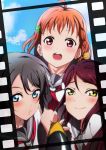  absurdres ahoge blue_eyes blush bow braid brown_hair film_strip hair_ornament highres long_hair looking_at_viewer love_live!_school_idol_project love_live!_sunshine!! multiple_girls open_mouth orange_hair red_eyes redhead sakurauchi_riko school_uniform self_shot serafuku short_hair smile takami_chika watanabe_you yellow_eyes yuuki_(nijiiro_palette) 