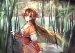  1girl bamboo bamboo_forest black_hair breasts brown_eyes brown_hair cleavage forest hair_ornament long_hair looking_at_viewer meaomao nature original outdoors solo 