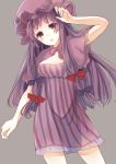  1girl absurdres adapted_costume breasts capelet cleavage commentary_request dress hair_ribbon hat highres kashiwagi_chisame large_breasts long_hair looking_at_viewer mob_cap patchouli_knowledge purple_dress purple_hair ribbon solo striped striped_dress touhou tress_ribbon very_long_hair violet_eyes 