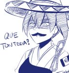  1girl fake_mustache hair_between_eyes hat japanese_clothes kaga_(kantai_collection) kantai_collection lowres mexican_flag monochrome muneate rexlent ribbon shaded_face simple_background sketch solo sombrero source_request spanish translated white_background 