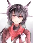  1girl black_hair breath eyebrows eyebrows_visible_through_hair gloves grey_background hair_between_eyes hairband hat head_tilt headgear highres jacket kantai_collection looking_at_viewer mini_hat nagato_(kantai_collection) neit_ni_sei open_clothes open_jacket pov red_eyes red_jacket red_scarf scarf simple_background smile solo_focus upper_body white_gloves 