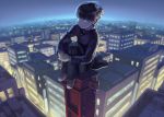  1boy air_conditioner backlighting bangs black_eyes black_hair black_pants blunt_bangs bowl_cut building buttons city cityscape cross-laced_footwear from_above gakuran hands_together hiko_(scape) kageyama_shigeo leg_hug long_sleeves male_focus mob_psycho_100 night night_sky outdoors pants rooftop school_uniform shoes sitting sky sneakers solo wind 