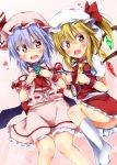  2girls ascot ass blonde_hair blue_hair blush brooch collar d: dog_collar dress_shirt fang fetal_position flandre_scarlet hat heart heart-shaped_pupils highres jewelry knees_together_feet_apart kuzumomo leash legs looking_at_viewer mob_cap multiple_girls open_mouth red_eyes remilia_scarlet ribbon shirt siblings side-by-side sisters skirt socks symbol-shaped_pupils thigh_gap touhou vest wrist_cuffs 