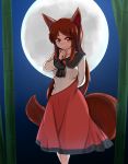 1girl animal_ears bamboo bamboo_forest breasts brooch brown_hair collarbone dress forest full_moon imaizumi_kagerou jewelry long_sleeves looking_at_viewer moon nature red_eyes solo tail touhou wide_sleeves wolf_ears wolf_tail 