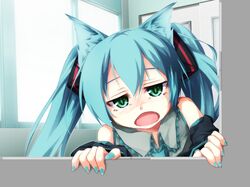  1girl animal_ears aqua_hair cat_ears detached_sleeves fang green_eyes hatsune_miku long_hair looking_at_viewer nail_polish open_mouth sasasa_(nashi) solo through_screen twintails vocaloid 