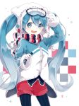  :d animal_hat blue_eyes blue_hair cat_hat coat gloves goggles goggles_on_head hand_on_goggles hat hatsune_miku long_hair open_mouth pantyhose pom_pom_(clothes) scarf sentaro207 shorts ski_gear smile striped striped_legwear twintails vertical-striped_legwear vertical_stripes very_long_hair vocaloid white_gloves yuki_miku 