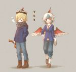 2girls alternate_costume arinu bird_wings blonde_hair book hand_in_pocket hat head_wings horns instrument jacket long_sleeves lunasa_prismriver multiple_girls open_mouth pants red_eyes scarf scarf_over_mouth silver_hair smile tokiko_(touhou) touhou violin wings winter_clothes yellow_eyes 
