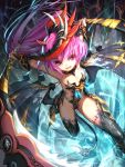  1girl boots bracer breasts demon_girl demon_tail demon_wings dual_wielding gloves highleg highres horns leotard observerz original pink_eyes pink_hair smile solo tail thigh-highs thigh_boots weapon wings 