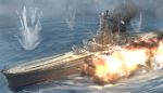  battle battleship cannon explosion fire flag flame imperial_japanese_navy karo-chan kongou_(battleship) machinery ocean ship splashing turret warship water world_war_ii 