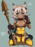  1girl animal_ears armlet bare_shoulders belt blue_eyes blush cat_ears cat_paws character_name dark_skin fang feathers flower fur_trim granblue_fantasy grey_hair hair_flower hair_ornament haniwagi_(hal) looking_at_viewer melleau open_mouth paws polearm sitting solo spear thigh-highs wariza weapon 