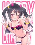  1girl ;) \m/ barefoot bikini black_hair blush bracelet demon_girl demon_tail demon_wings double_\m/ grin heart heart-shaped_pupils highres horns jewelry k10k leg_garter looking_at_viewer love_live!_school_idol_project navel nico_nico_nii one_eye_closed red_eyes side-tie_bikini small_breasts smile solo swimsuit symbol-shaped_pupils tail twintails wings yazawa_nico 