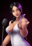  1girl 2015 alex_benedetto bare_shoulders black_hair blue_eyes braid breasts cleavage dark_skin dress gangsta gown halterneck highres lipstick looking_at_viewer makeup microphone outstretched_arm parted_lips scyfon white_dress 