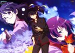  absurdres ahoge araragi_koyomi bakemonogatari black_hair book braid cellphone cherry_blossoms clouds glasses hair_ribbon hanekawa_tsubasa highres maple monogatari_(series) phone purple_hair ribbon school_uniform senjougahara_hitagi star_(sky) 